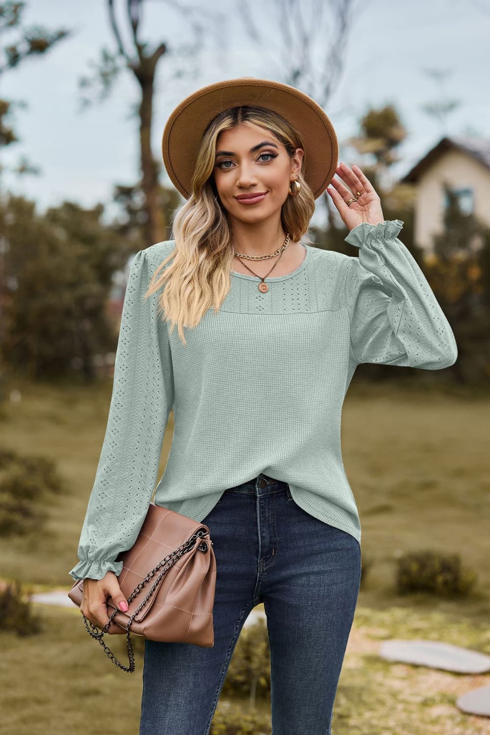 Casual Round Neck Puff Sleeve Blouse with Eyelet Detail - Opaque, Slightly Stretchy Fabric