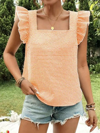 Ruffle Sleeve Gingham Square Neck Top Orange