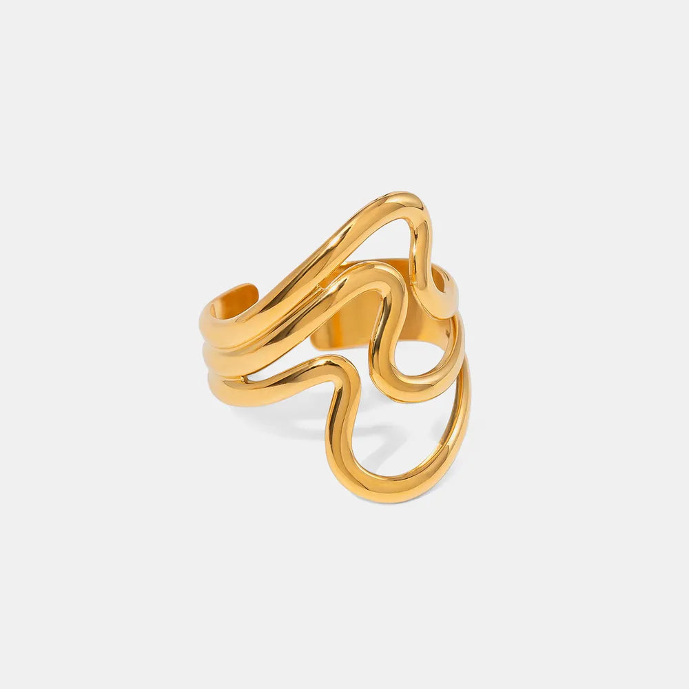 Adjustable 18K Gold-Plated Stainless Steel Corrugated Open Ring for Unique Style