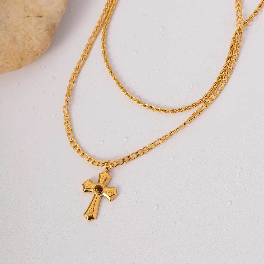 18K Gold-Plated Double Layered Cross Necklace - Elegant Stainless Steel Jewelry - Store 42