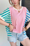 Trendy Color Block Striped Batwing Sleeve T-Shirt in Soft Cotton Blend - Slightly Stretchy Fit - Store 42