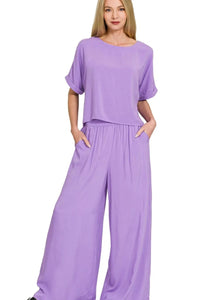 Zenana Round Neck T-Shirt and Wide Leg Pants Set LAVENDER