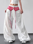 Wide Leg Pants with Checkered Detail White