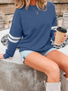 Stripe Round Neck Long Sleeve Sweatshirt Blue