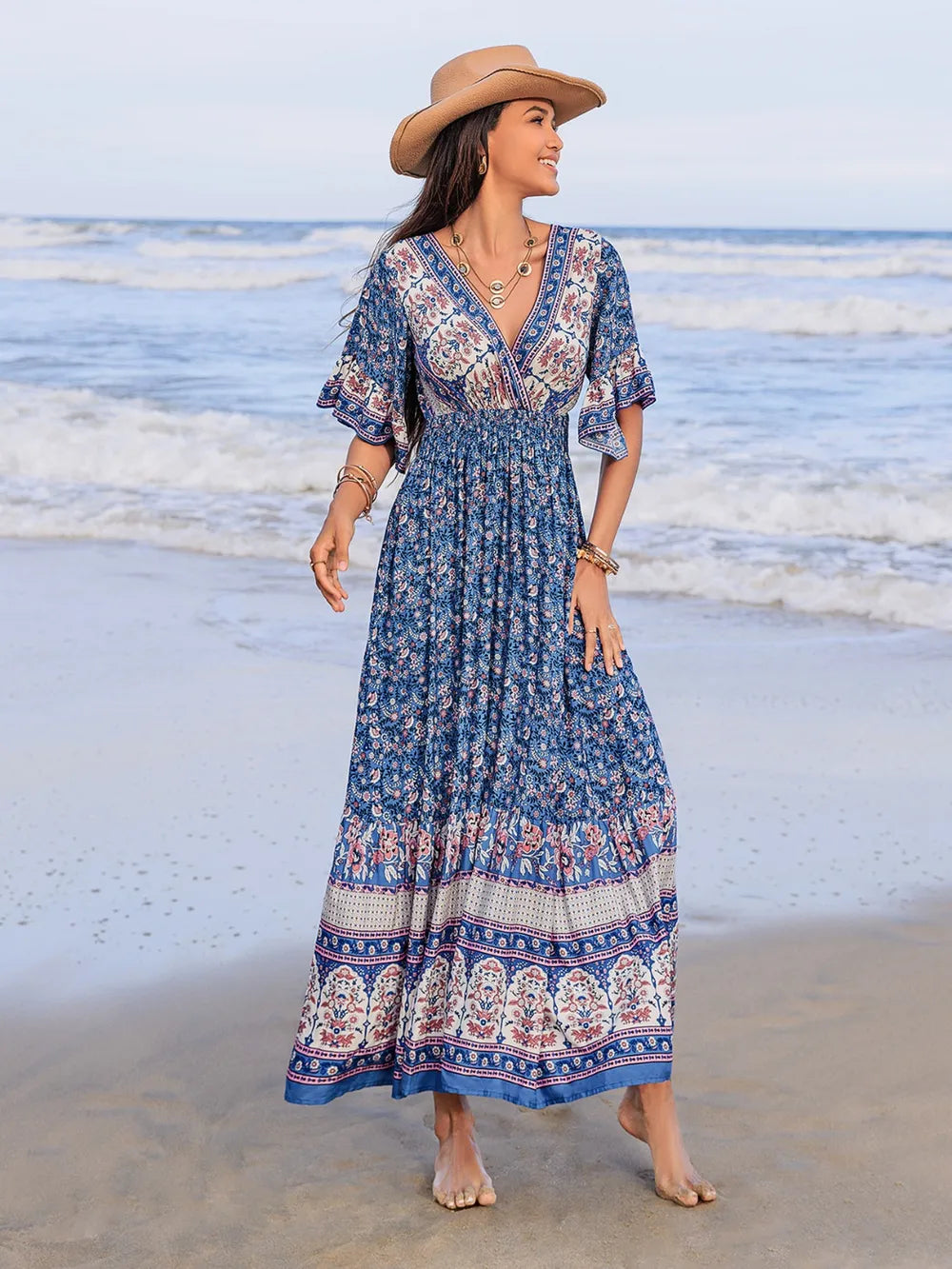 Trendsi Ruched Printed Midi Dress with Flounce Sleeves - Opaque 100% Viscose