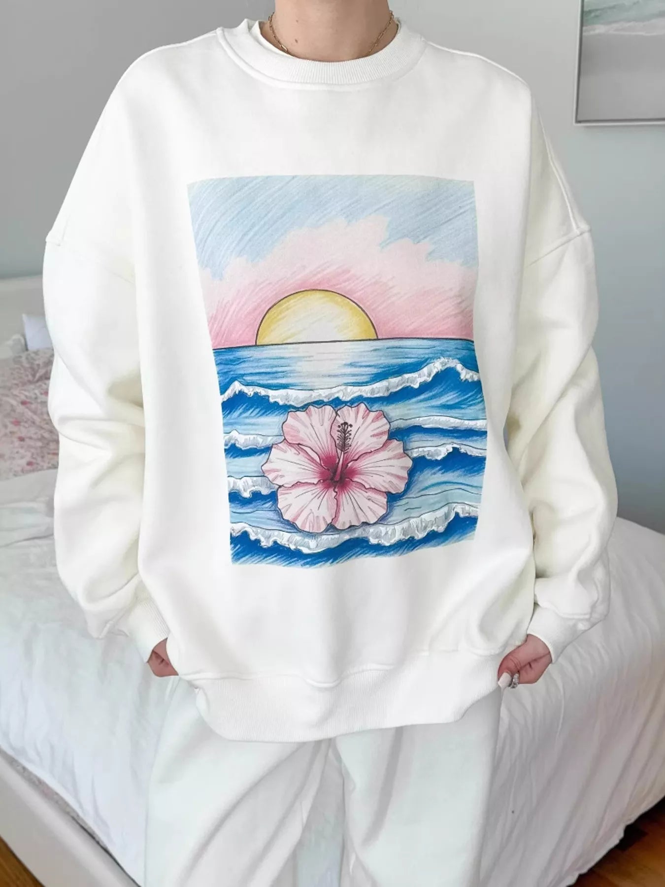 Trendy Graphic Round Neck Drop Shoulder Sweatshirt - Soft 100% Polyester, Slightly Stretchy