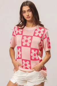 BiBi Floral Checker Pattern Short Sleeve Sweater - Versatile Style with Unique Design - Store 42
