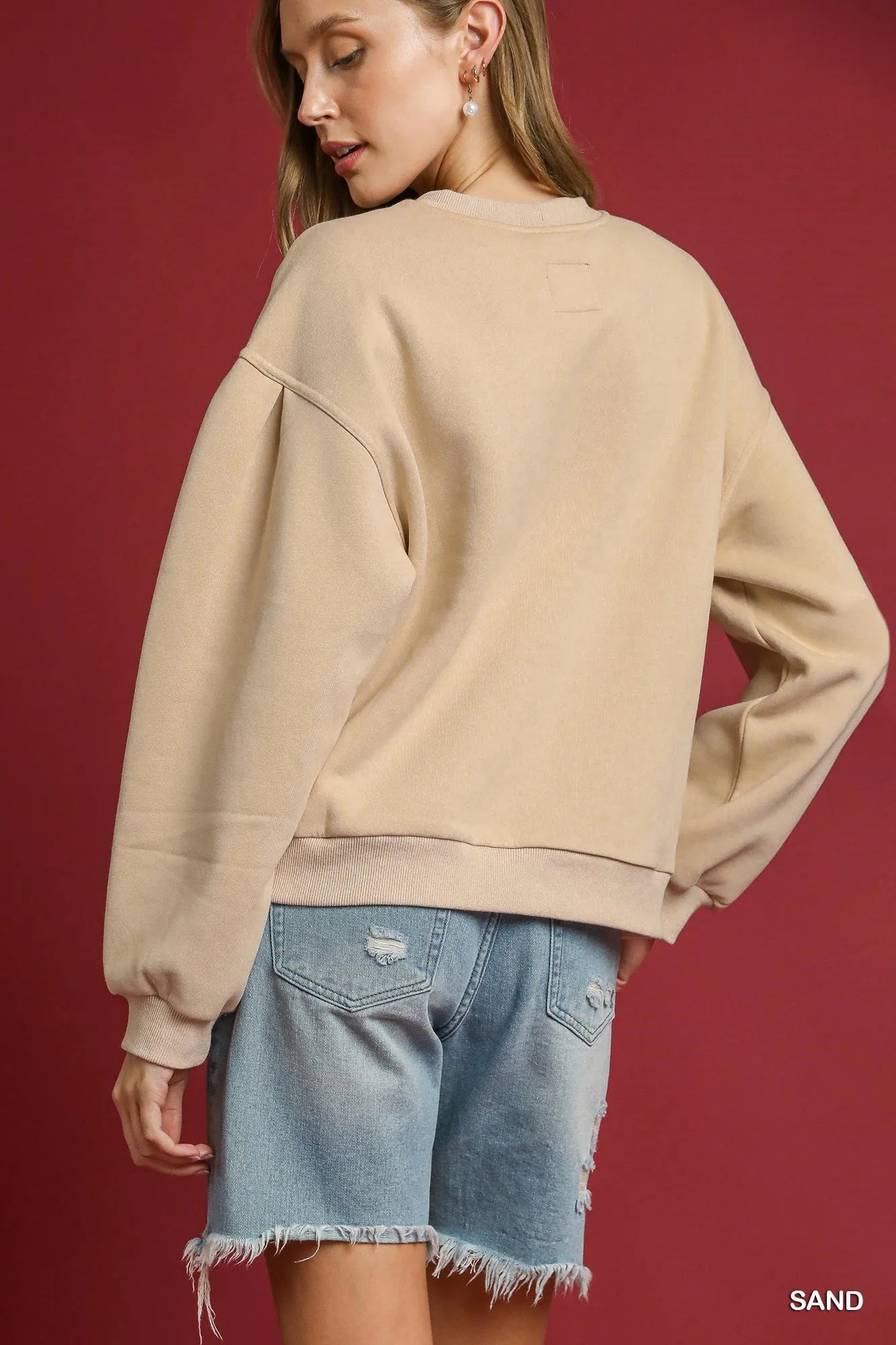 Umgee Stylish Round Neck Sweatshirt with Pleated Details - Chic & Comfortable Casual Wear
