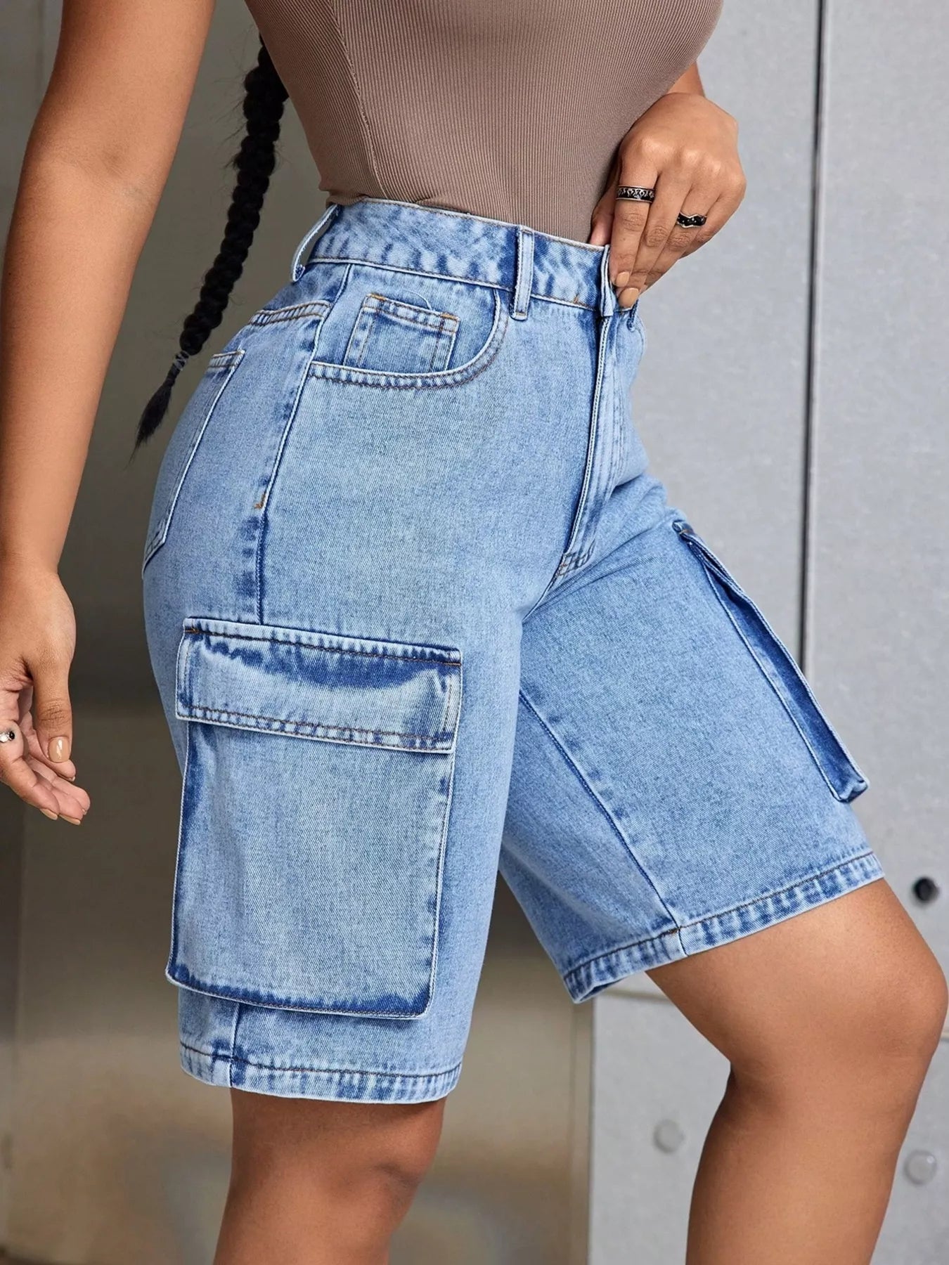 Trendy High-Waisted Cargo Denim Shorts with Pockets - Slightly Stretchy, Machine Washable