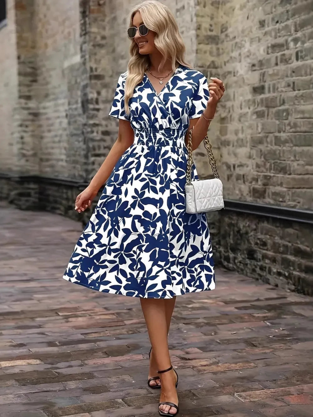 Printed Smocked Surplice Short Sleeve Dress
