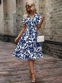Printed Smocked Surplice Short Sleeve Dress