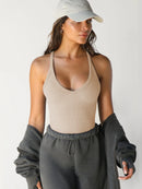 Ribbed V-Neck Halter Tank Top Dust Storm