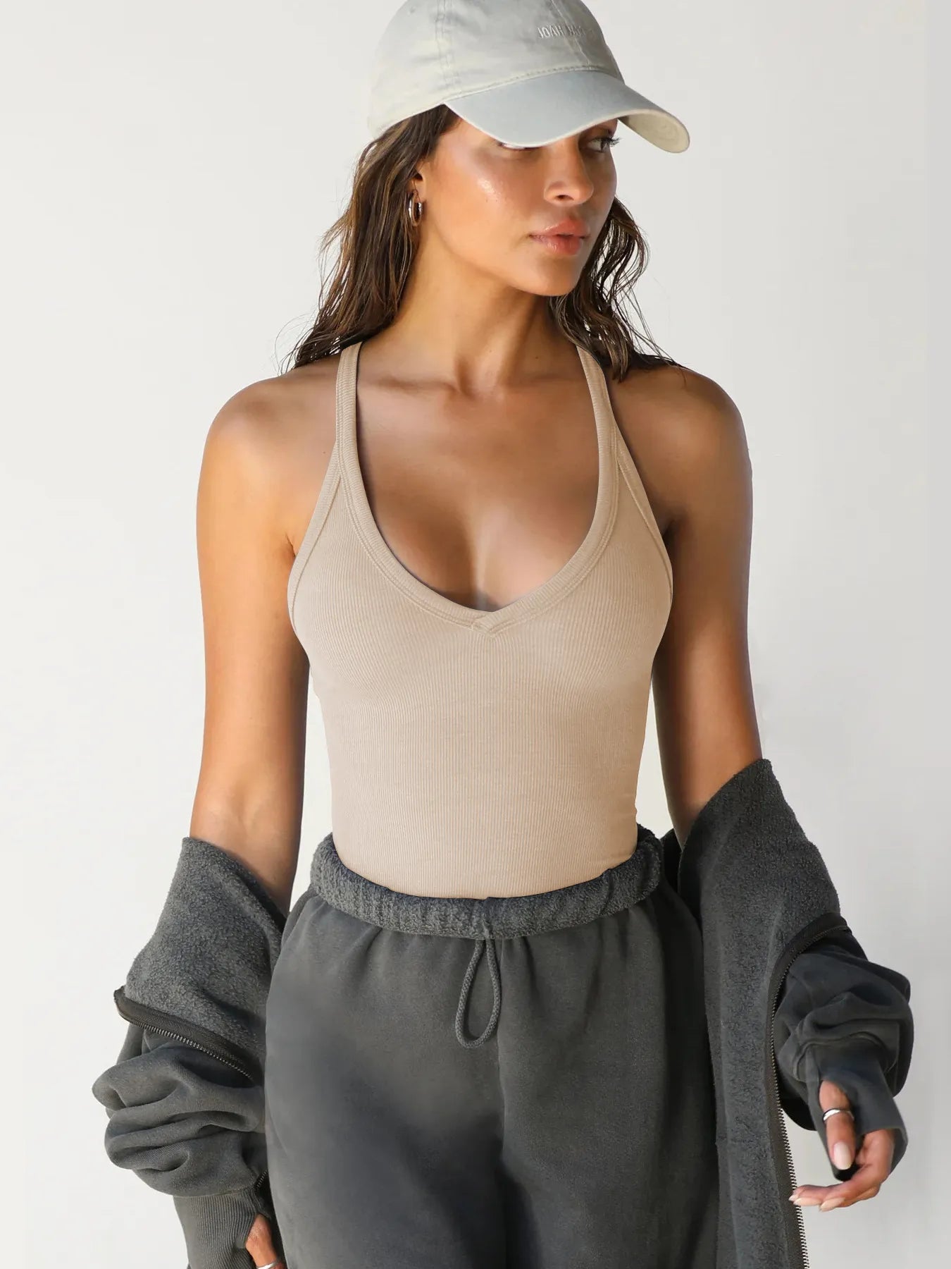 Ribbed V-Neck Halter Tank Top Dust Storm