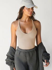 Ribbed V-Neck Halter Tank Top Dust Storm