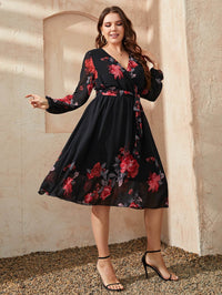 Honey Plus Size Floral Surplice Neck Tie Waist Dress - Store 42