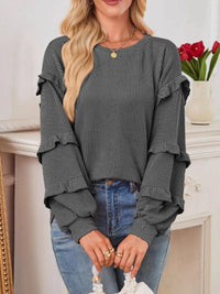 Ruffled Round Neck Long Sleeve Sweatshirt Black