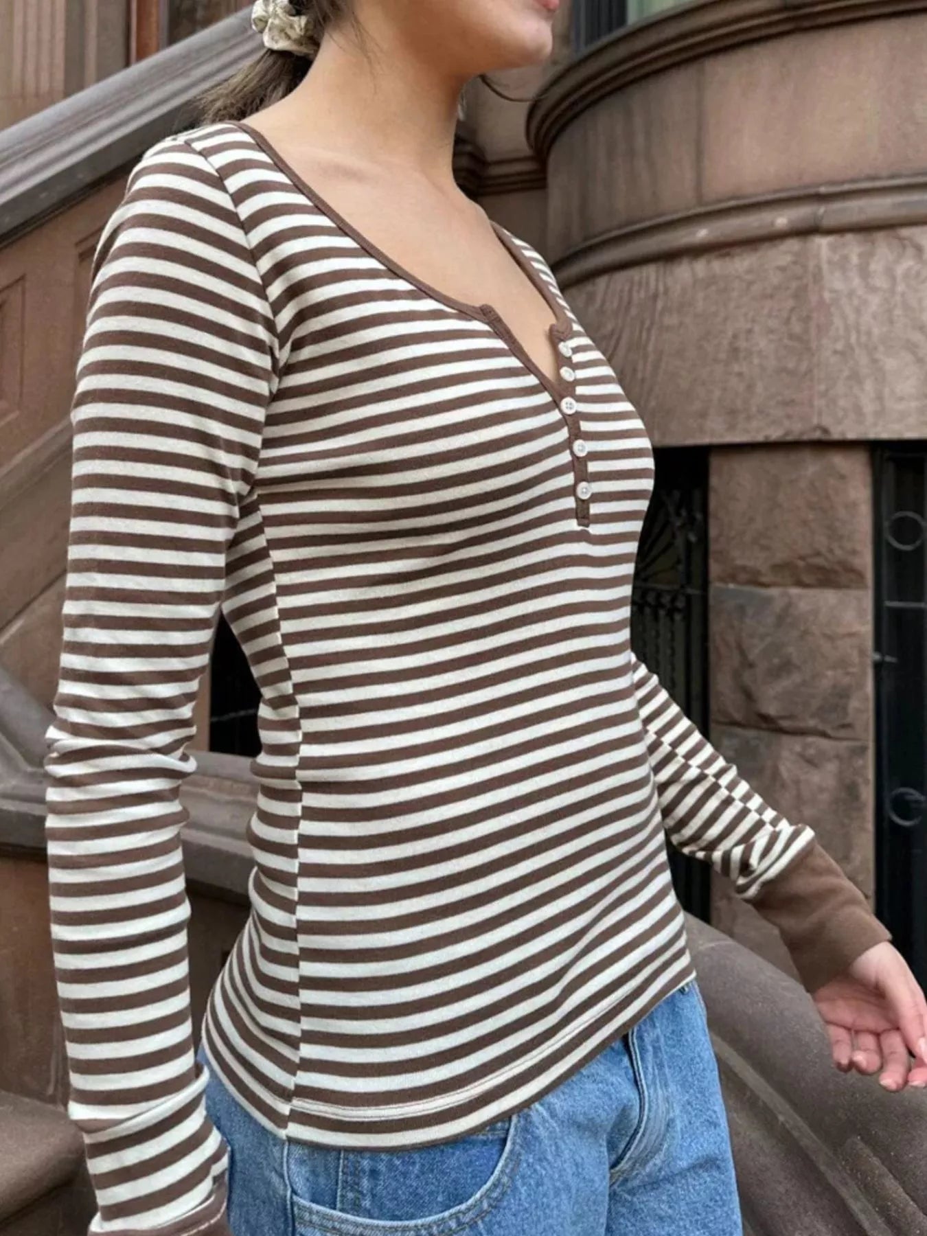 Stylish Striped Long Sleeve Henley T-Shirt for Men | Slightly Stretchy, 100% Polyester