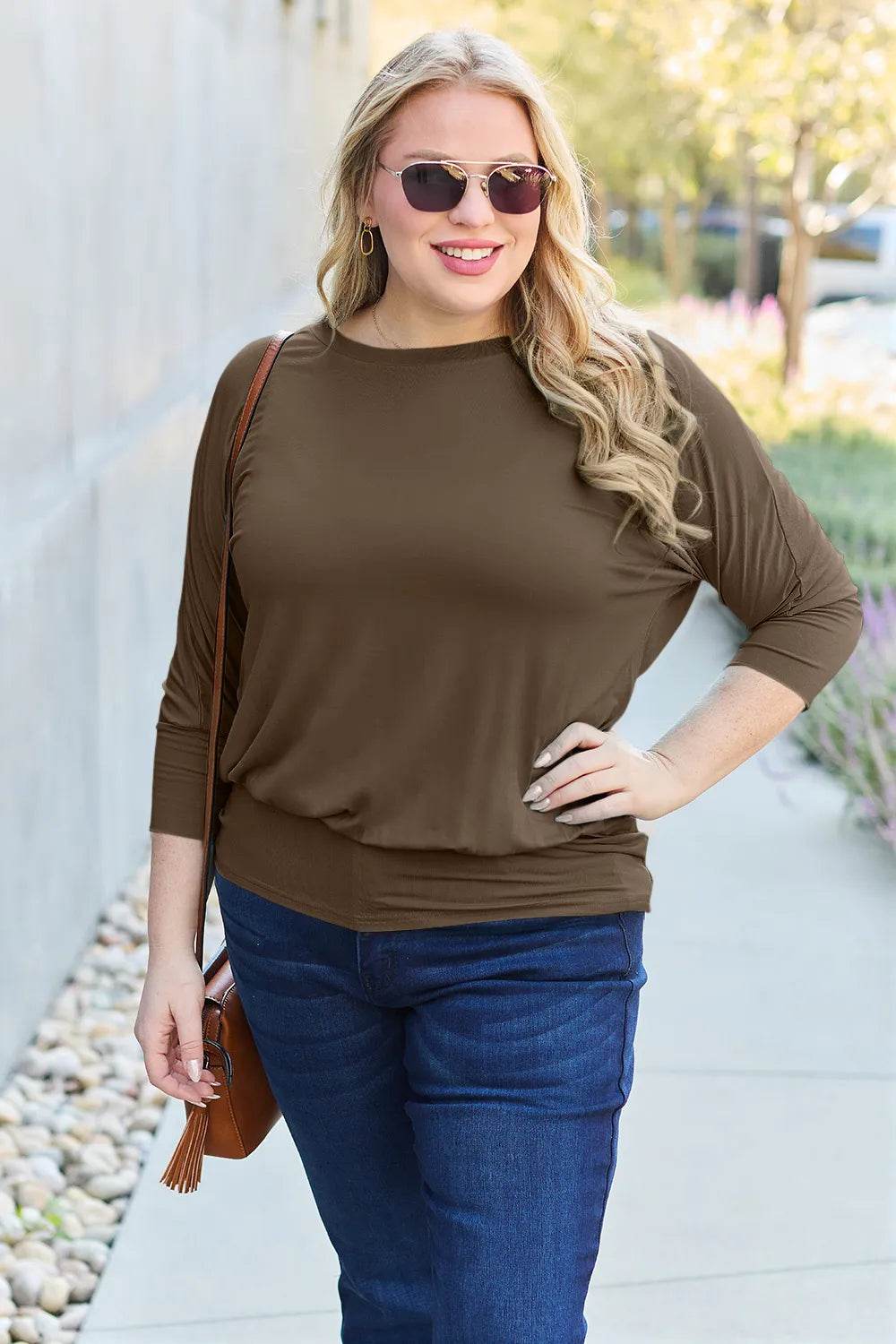 Basic Bae Full Size Round Neck Batwing Sleeve Top - Soft Stretch Rayon Blend, Opaque Design - Store 42