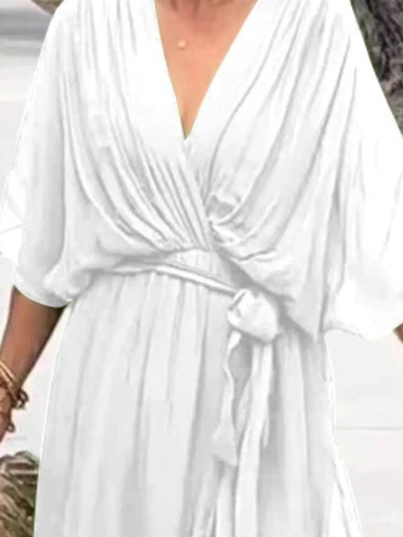 Full Size Flowy Tie Front Midi Dress with Flutter Sleeves Plus Size - Store 42