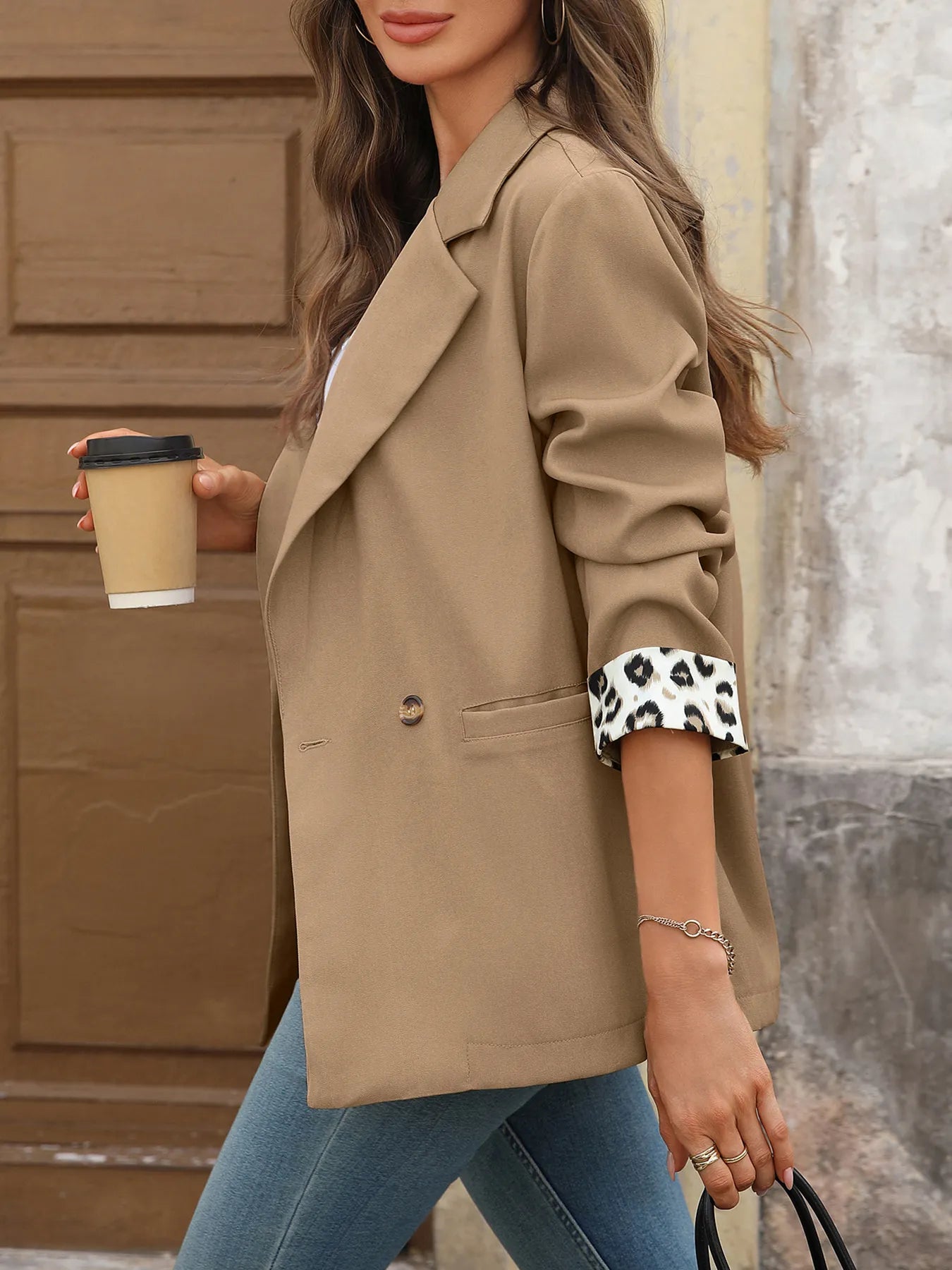 Lapel Collar Leopard Cuff Long Sleeve Blazer