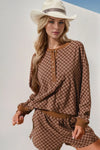 Double Take Checkered Half Button Top and Shorts Set Brown