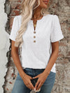 Stylish Eyelet Notched Top with Decorative Buttons - Short Sleeve & Slightly Stretchy, Opaque Fabric - Store 42