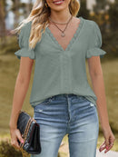 Lace Trim V-Neck Puff Sleeve Blouse