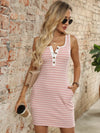 Striped Button Front Wide Strap Tank Dress Dusty Pink
