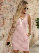 Striped Button Front Wide Strap Tank Dress Dusty Pink