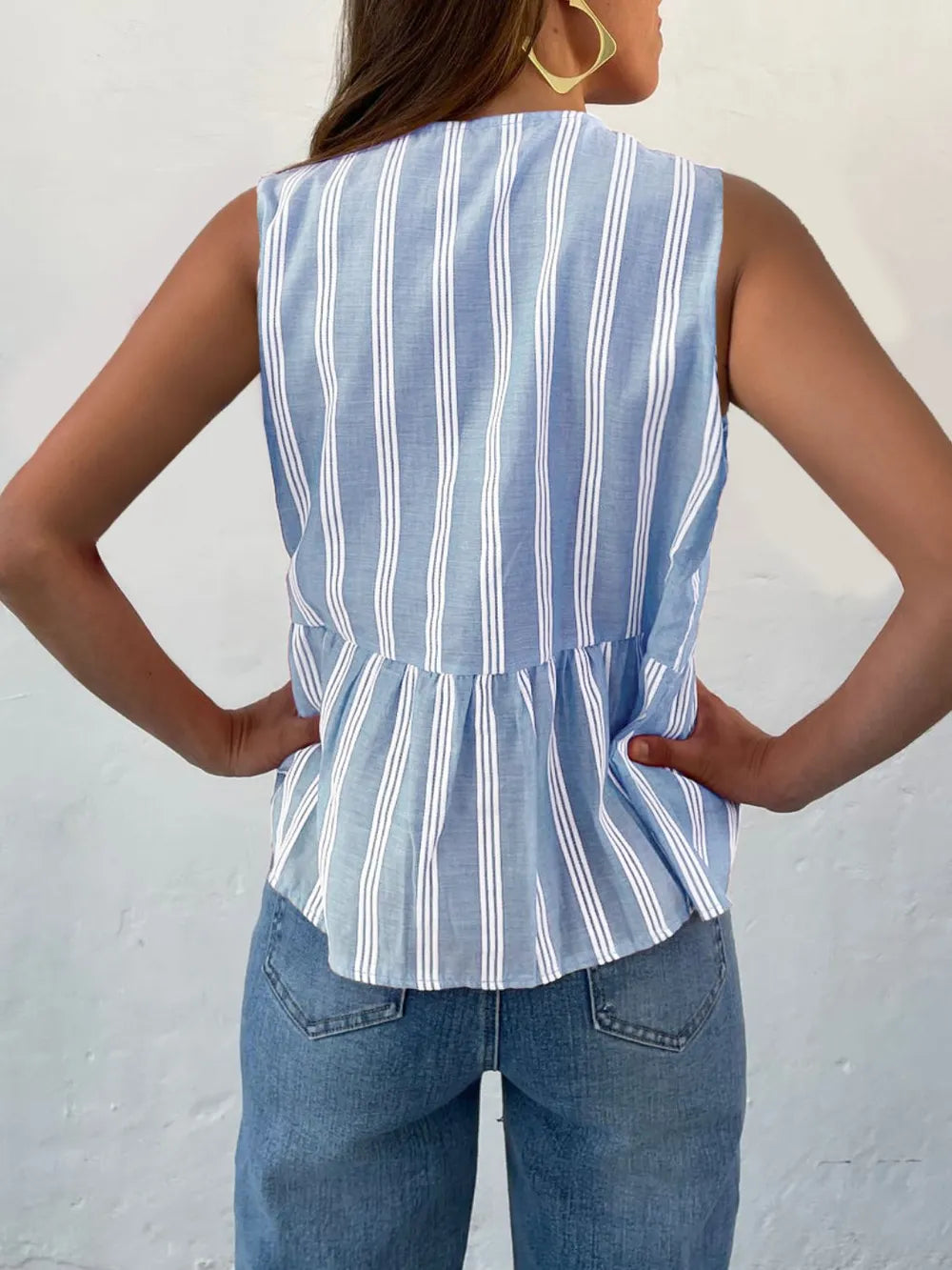 Tied Striped Round Neck Tank Top for Women - Opaque, Classic Fit, 65% Polyester, 35% Cotton