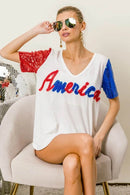 Chic Metallic Letter V-Neck Top with Sequin Sleeves for Glamorous Looks - Store 42