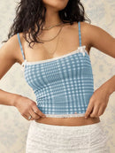 Lace Detail Plaid Square Neck Cami Sky Blue