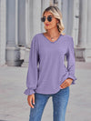 Sleek Eyelet V-Neck Blouse with Flounce Sleeves - Opaque, Slightly Stretchy Cotton Blend - Store 42