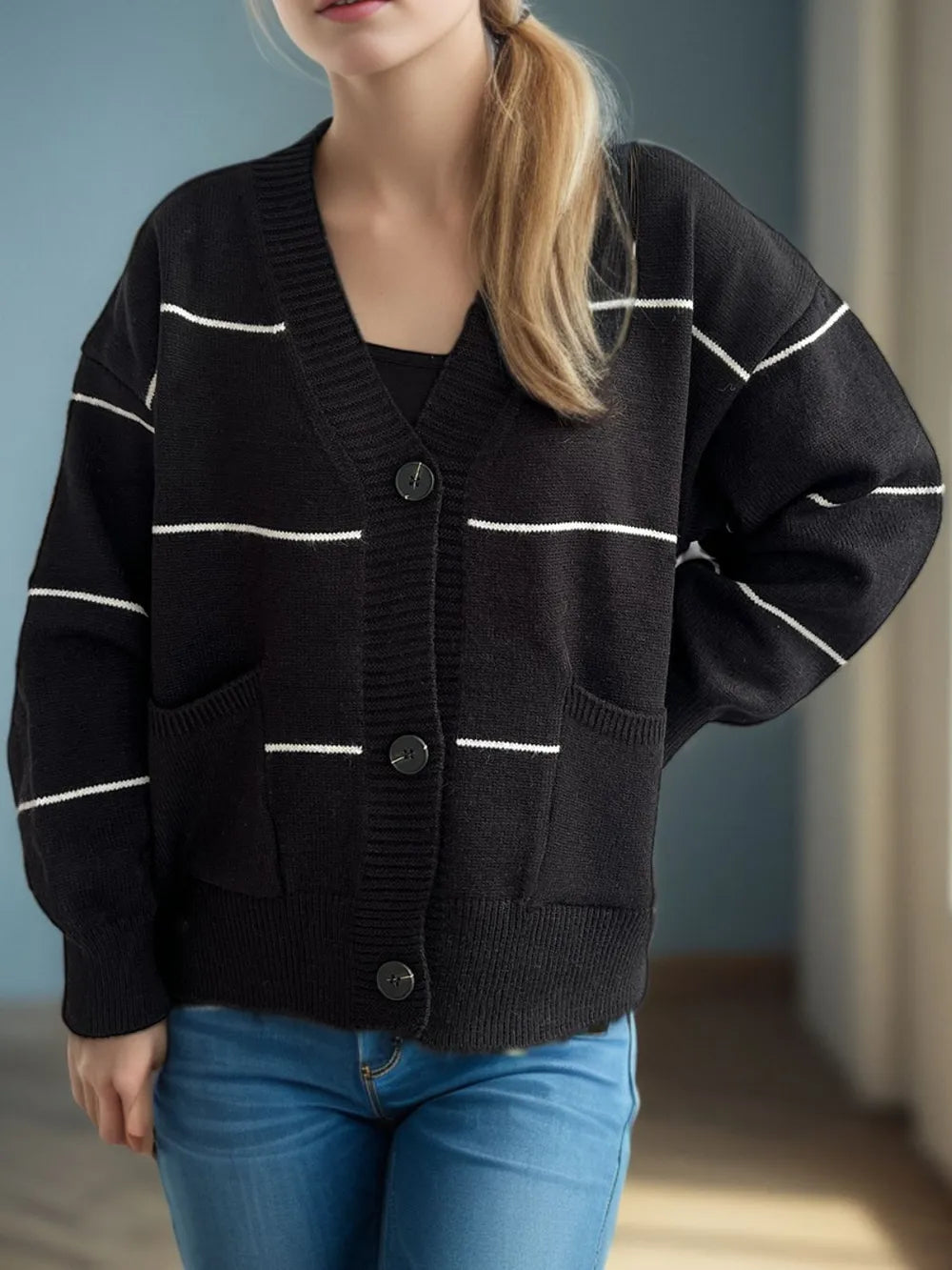 Trendy Striped Button-Down V-Neck Long Sleeve Cardigan with Pockets - Slightly Stretchy Fabric