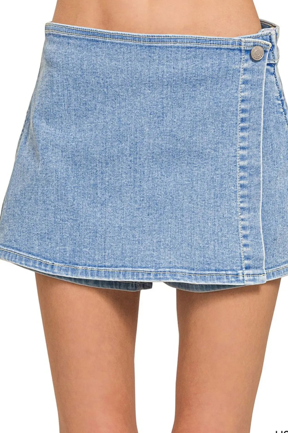 Light Blue Denim Wrap Skort Mini with Silver Button Closure - Trendy and Comfortable