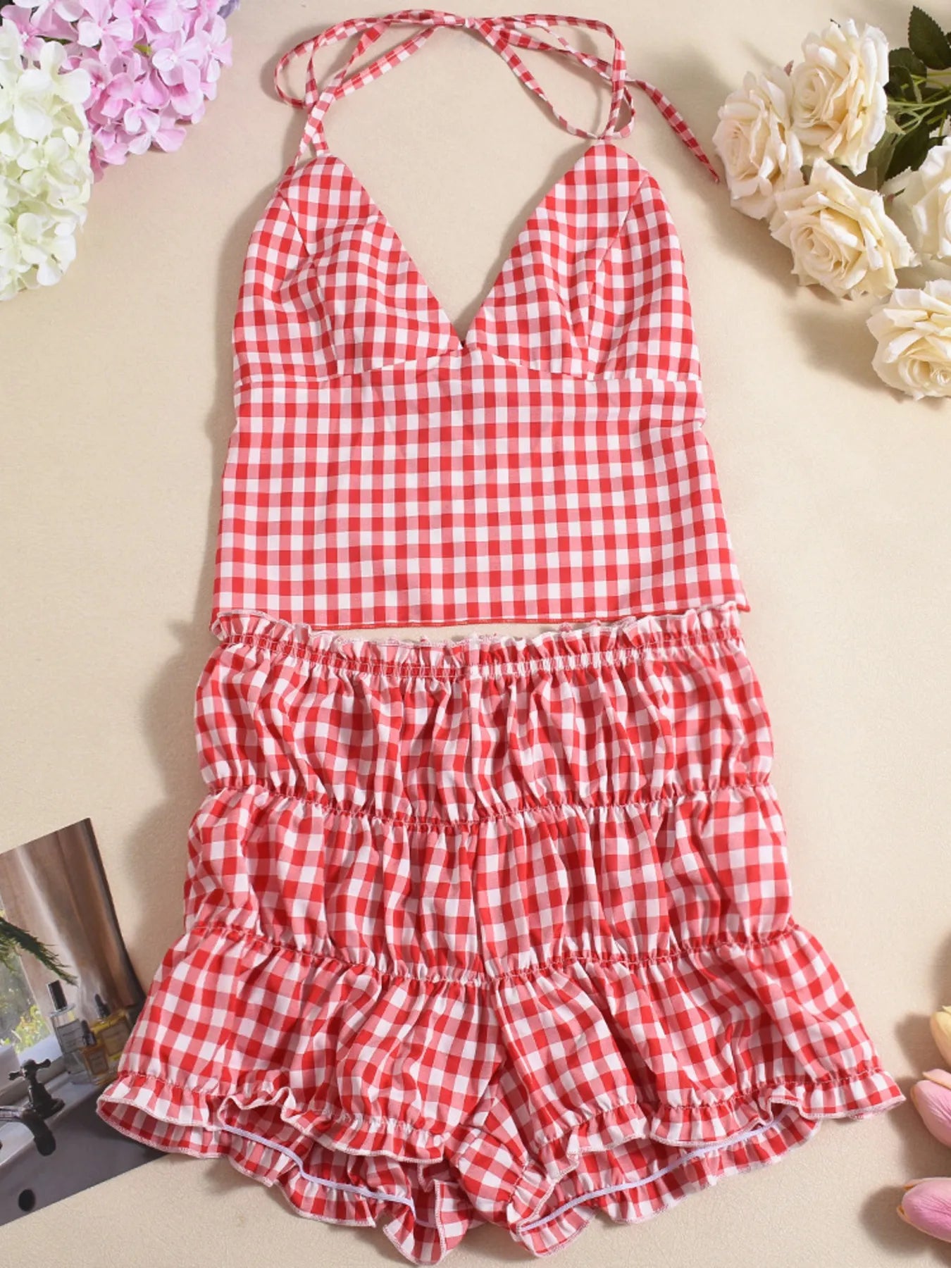 Plaid Halter Neck Cami and Shorts Set