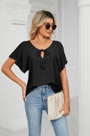 Trendsi Casual Eyelet Tie-Neck Flutter Sleeve Top in Solid Color - Slightly Stretchy V-Neck Design - Store 42