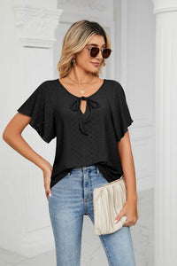 Trendsi Casual Eyelet Tie-Neck Flutter Sleeve Top in Solid Color - Slightly Stretchy V-Neck Design - Store 42