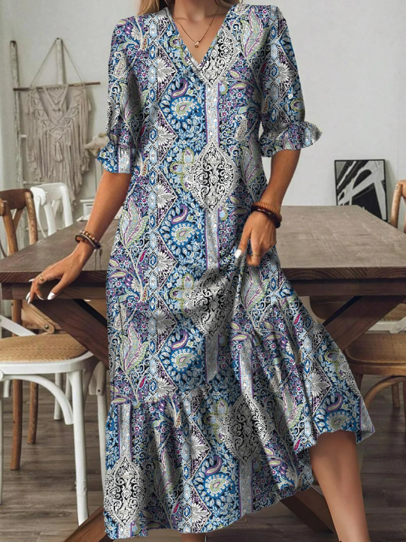 Full Size Bohemian Paisley Print V-Neck Midi Dress Plus Size