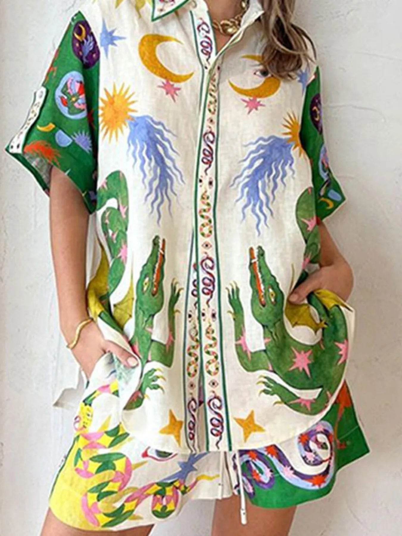 Full Size Printed Short Sleeve Top and Shorts Set Plus Size