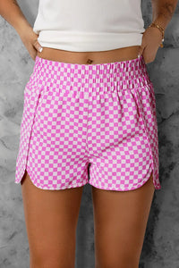 Smocked Elastic Waist Checkered Shorts Pink