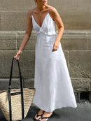 Ruffled V-Neck Maxi Dress White