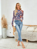 Floral Mock Neck Long Sleeve Top for Women - Slightly Stretchy, Comfortable Polyester Blend - Store 42