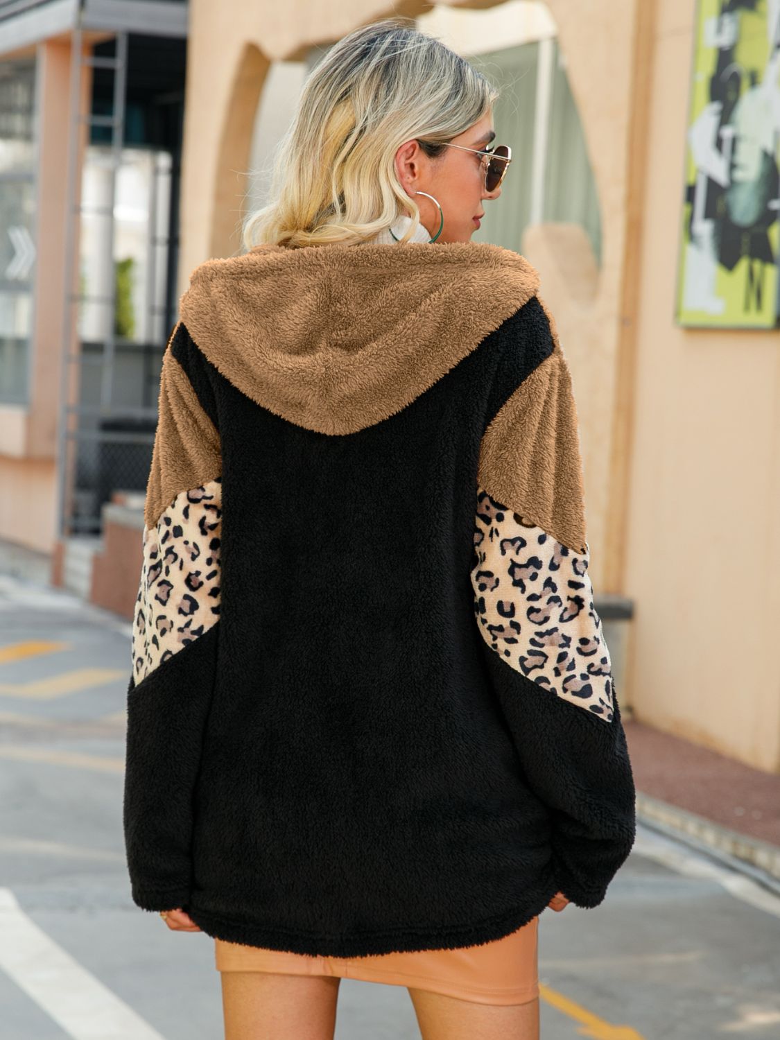 Trendy Leopard Color Block Hooded Teddy Jacket - 100% Polyester, All-Season Comfort