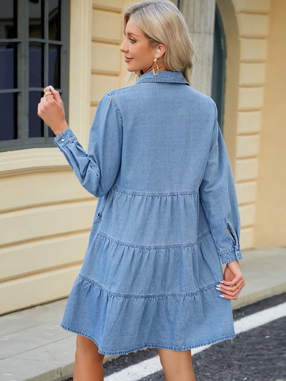 Stylish Tiered Button-Up Long Sleeve Denim Dress with Pockets - 95% Rayon & 5% Polyester