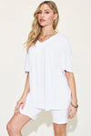 Basic Bae Full Size V-Neck Drop Shoulder T-Shirt and Shorts Set White
