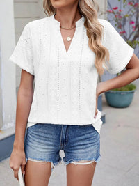 Trendy Eyelet Notched Short Sleeve Top in 65% Rayon - Stylish & Versatile Women's Wear - Store 42