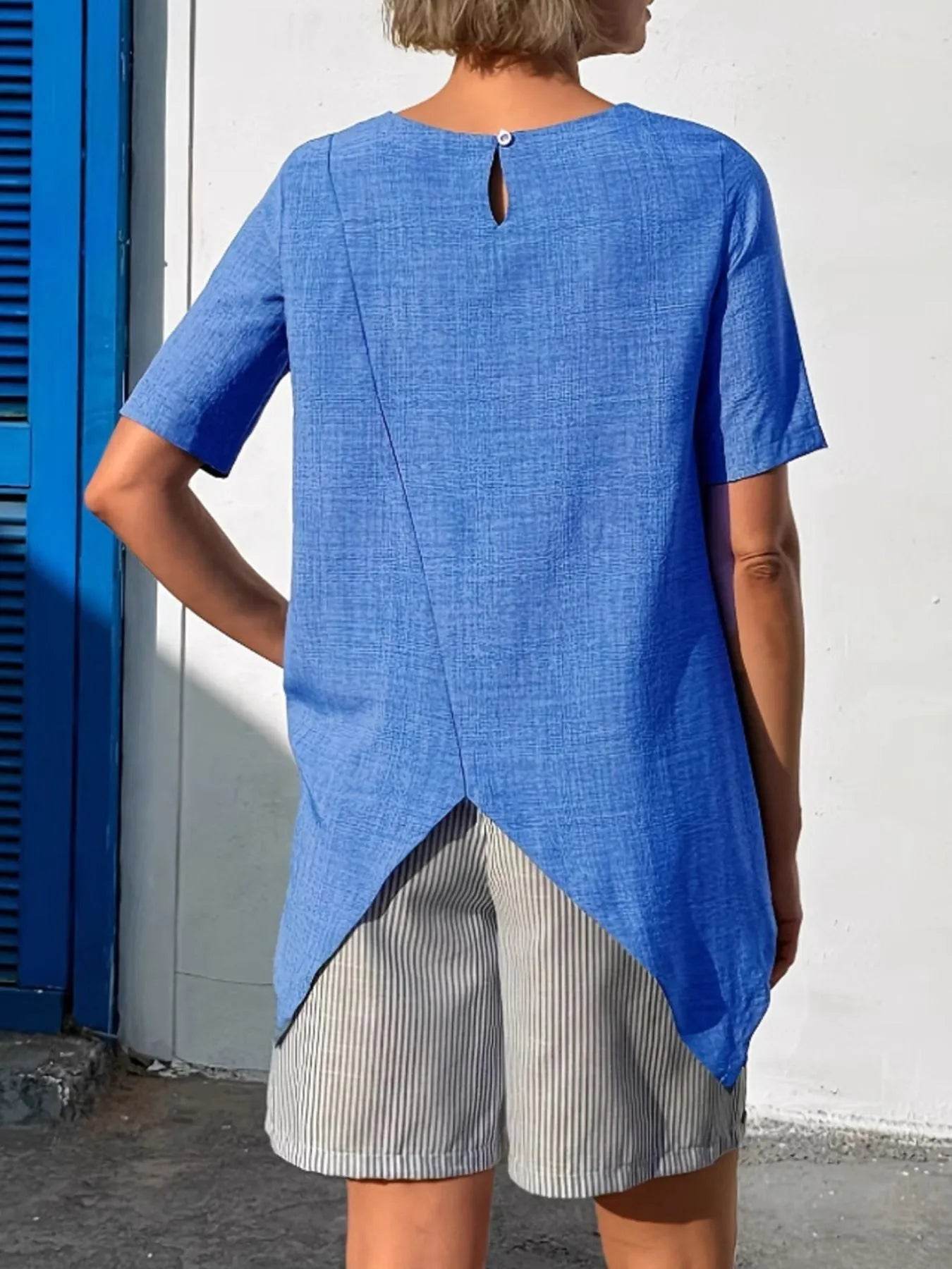 Stylish Asymmetrical Hem Relaxed Fit T-Shirt with Button Detail - 100% Polyester - Store 42