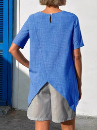 Stylish Asymmetrical Hem Relaxed Fit T-Shirt with Button Detail - 100% Polyester - Store 42