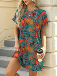 Printed Round Neck Short Sleeve Mini Dress Orange